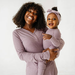 Mother and daughter wearing matching Heather Smokey Lavender Ribbed pajamas
