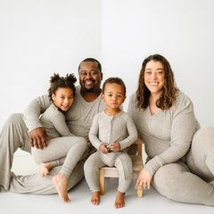 Family of four matching wearing Heather Stone Ribbed pjs