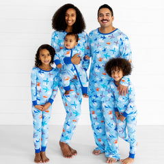 family of five wearing Let's Fly matching pjs