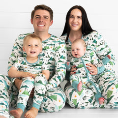 family of four wearing Mountain Mist matching pj sets