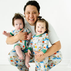 father and his two children wearing matching Papa Bear pj sets