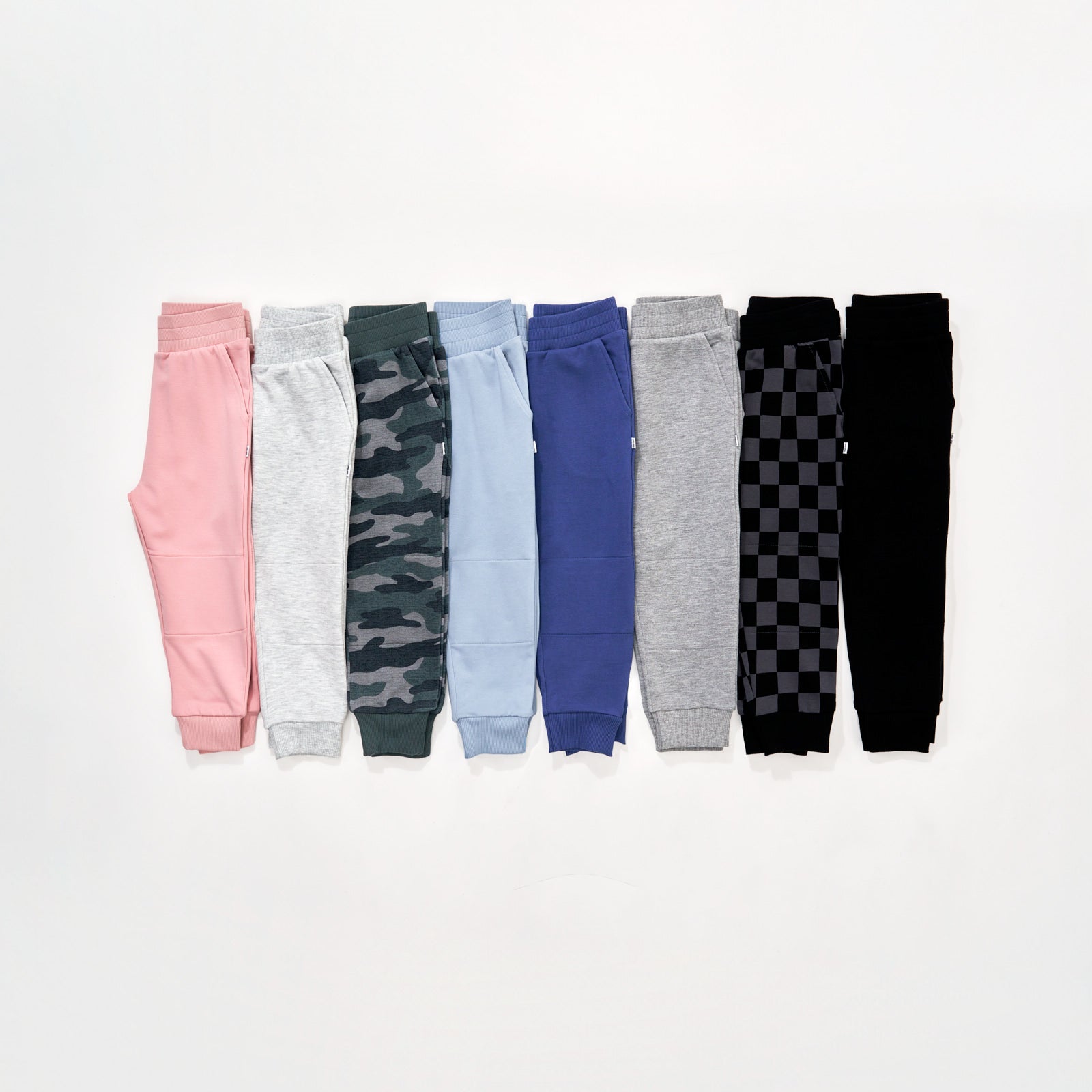 flat lay image of Joggers in various colors