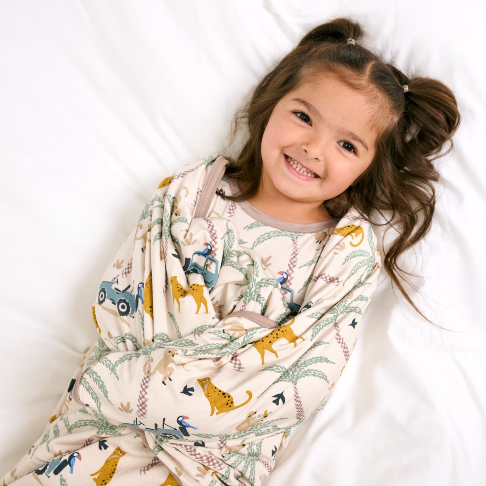 Girl wearing the Wild Escape bamboo PJ set