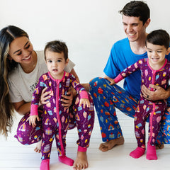 Family matching in Birthday Wishes printed pajamas in men's, women's and children's.