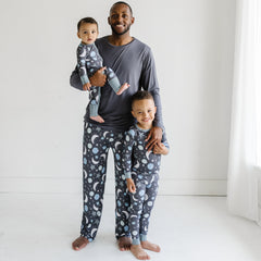father and his two children wearing matching Blue To the Moon and Back pj sets