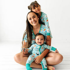 Mom and her two kids matching in Sushi printed Bamboo Pajama Sets