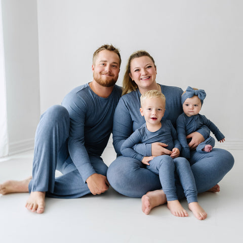 Full family wearing Heather Dusty Indigo Ribbed pjs