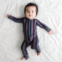 Baby in Suited Stripe bamboo zippy pajamas from the Father's Day Collection by Little Sleepies.