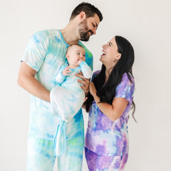 Family coordinating in Tidepool and Purple Watercolors pajamas