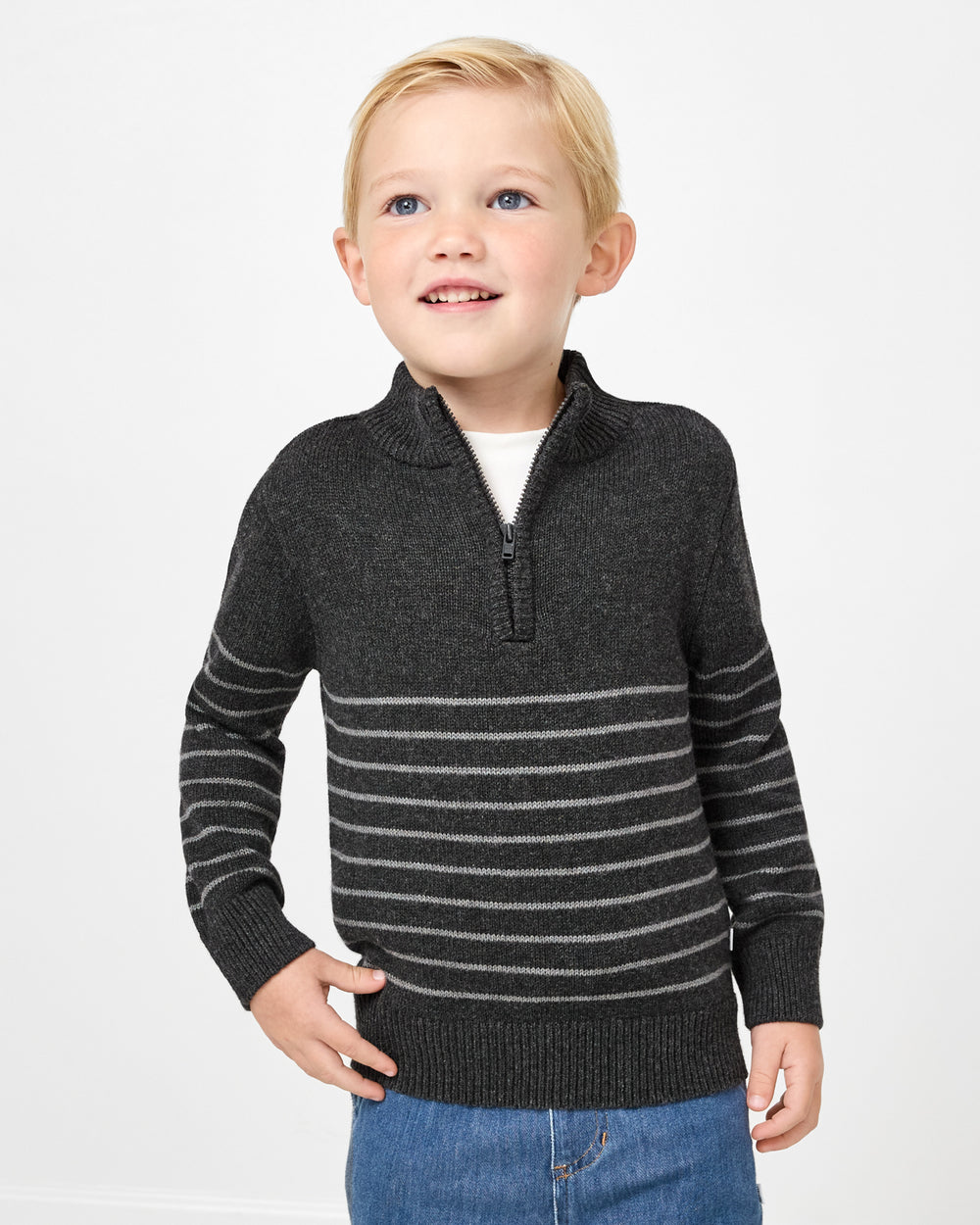 Boy wearing the Charcoal Gray Stripes Quarter Zip Sweater