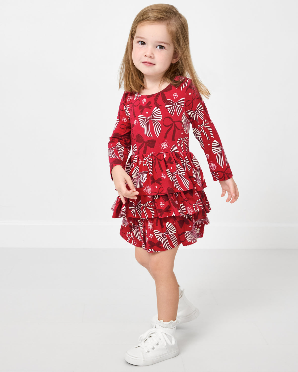 Alternate girl wearing the Holiday Bows Tiered Dress