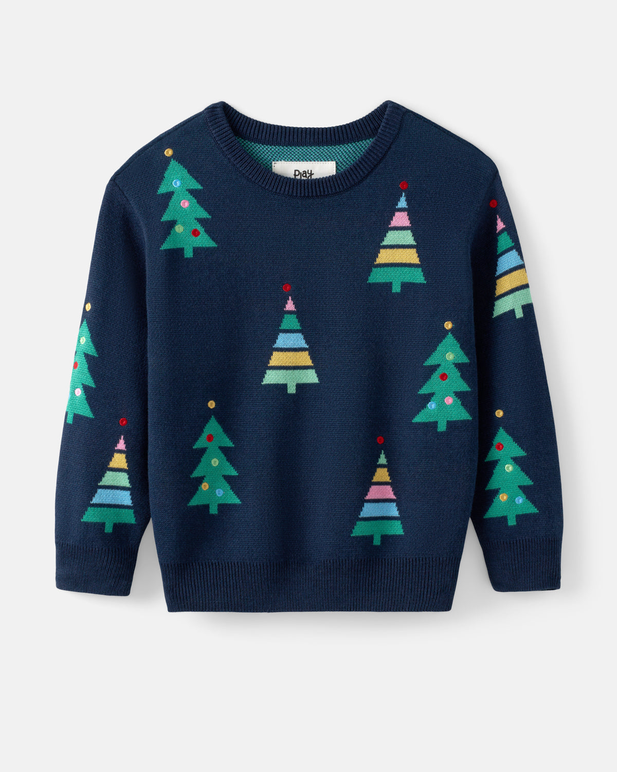 A navy blue long-sleeve crewneck sweater featuring a repeating pattern of colorful Christmas tree silhouettes, displayed on a clean light gray background.