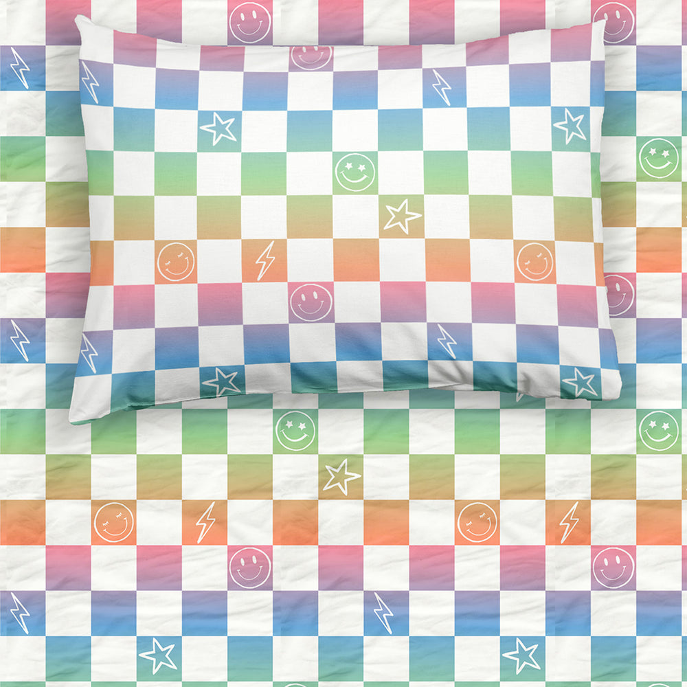Overhead view of the Ombre Cheery Checks Twin Sheet Set