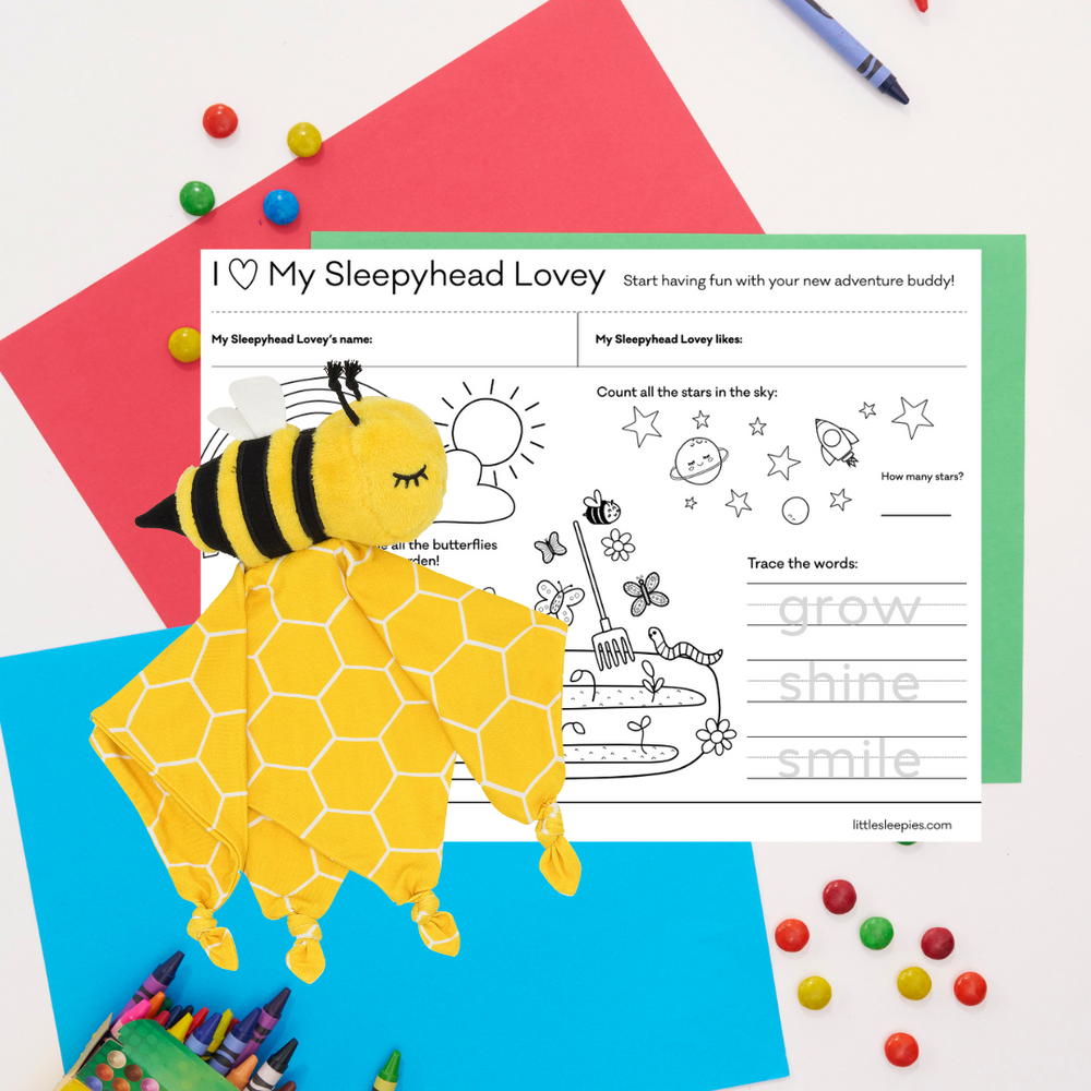 Image of Honey the Bumble Bee lovey on a free printable coloring sheet