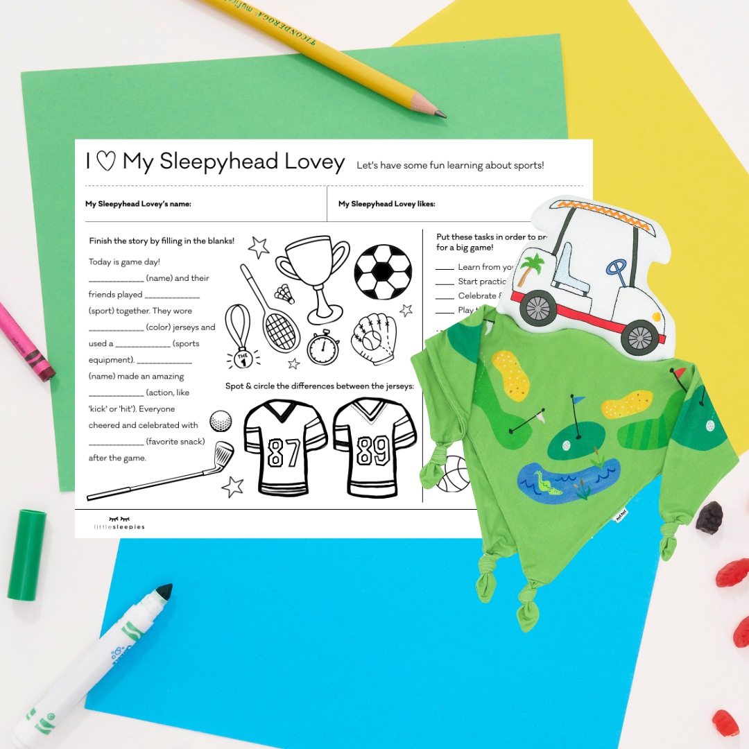 Flat lay image of Caddie the Golf Cart sleepyhead lovey and activity pdf