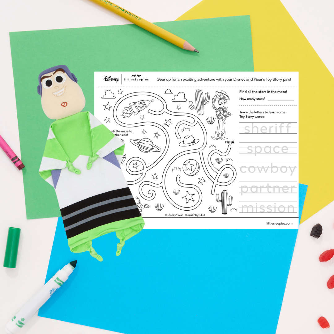 Flat lay image of Buzz Lightyear Lovey with his matching printable pdf