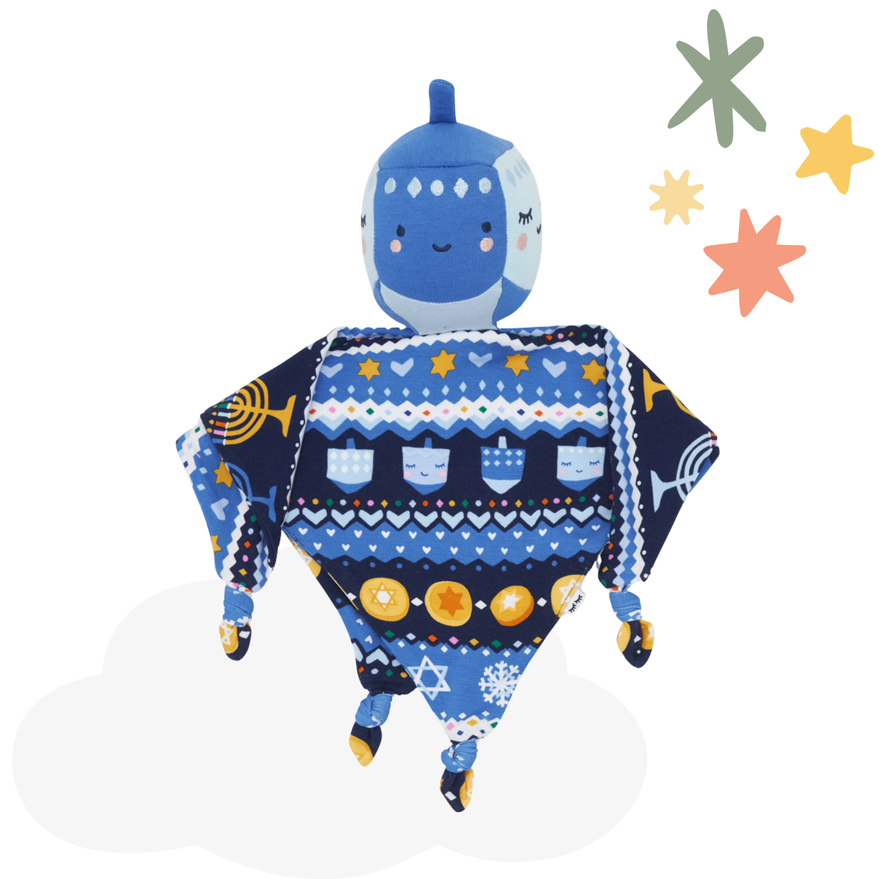 Flat lay of a Danny the Dreidel Sleepyhead Lovey with a cloud and stars