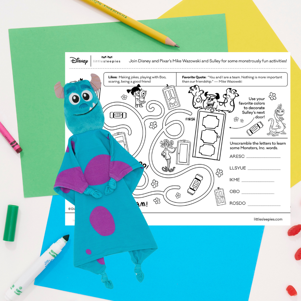 flat lay image of a Sulley love with a free printable coloring sheet