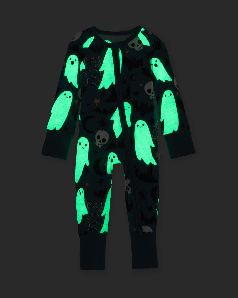 Flat lay of the Frightful Friends Zippy showing the glow in the dark feature