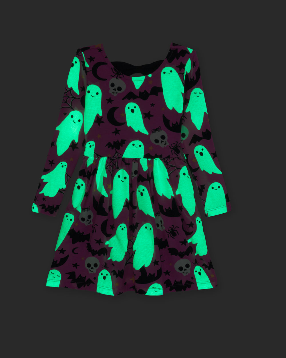Flat lay of the Pink Frightful Friends Bow Back Skater Dress showing the glow in the dark feature