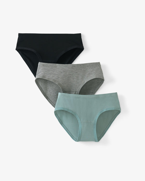 Flat lay of the Stormy, Black, Heather Gray Girl's Brief Underwear - 3 Pack