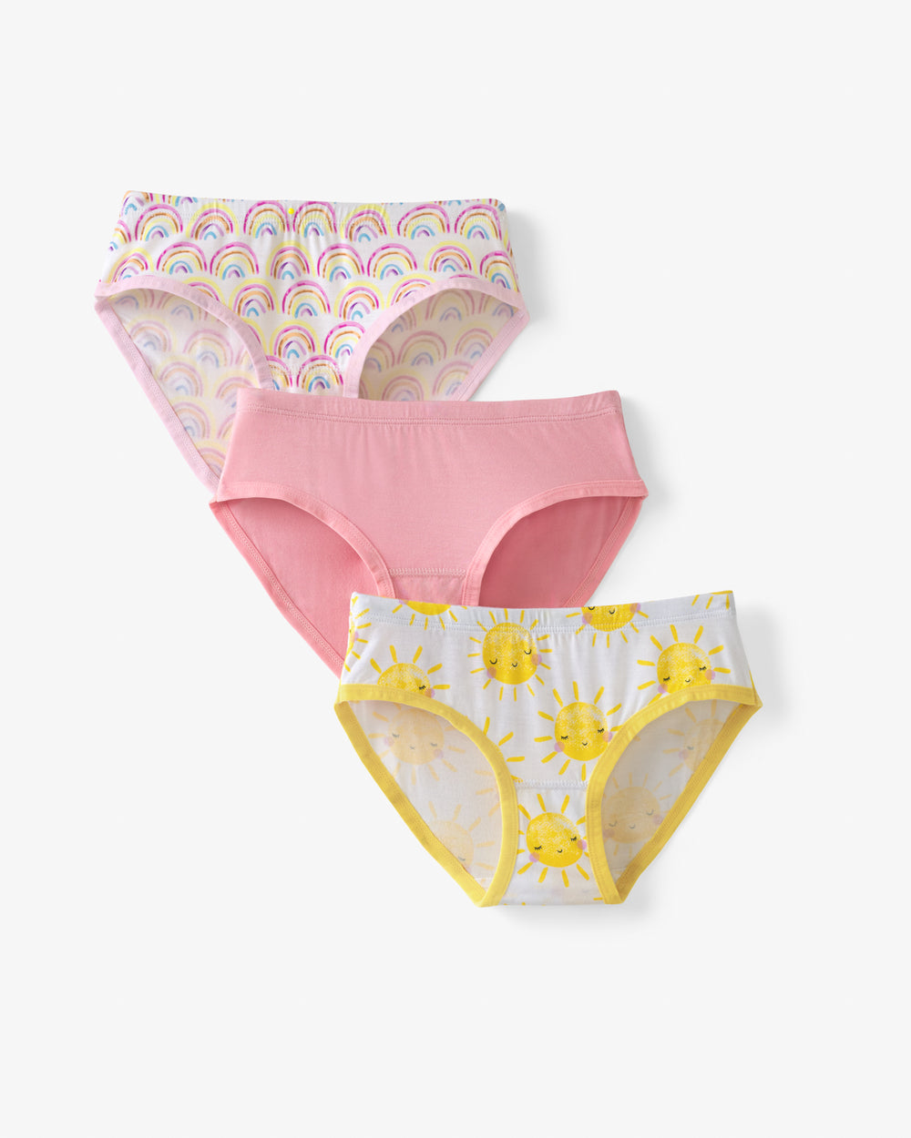 Flat lay of the Rainbows & Sunshine Girl's Bamboo Viscose  Brief Underwear - 3 Pack
