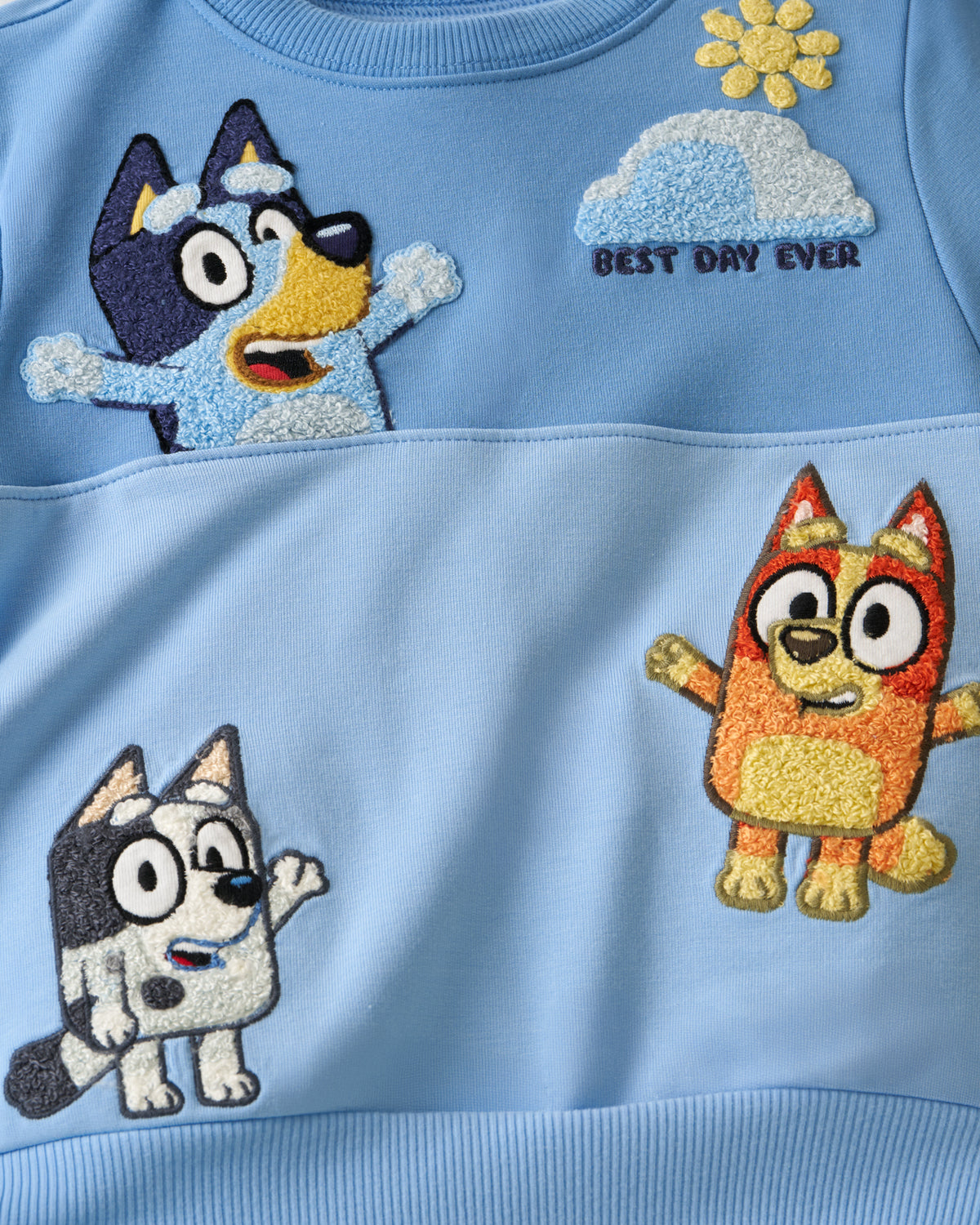 Close up of the embroidered graphic details on the Bluey Best Day Ever Crewneck Sweatshirt