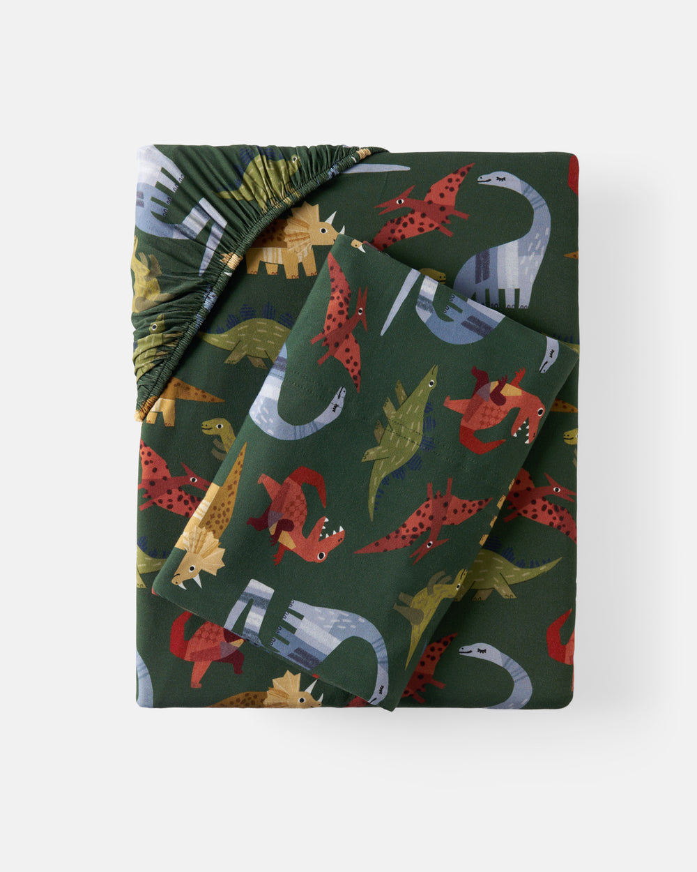 Flat lay of the Green Roar & Explore Twin Sheet Set