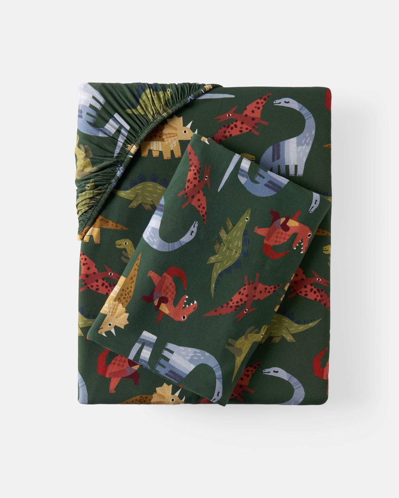 Flat lay of the Green Roar & Explore Twin Sheet Set