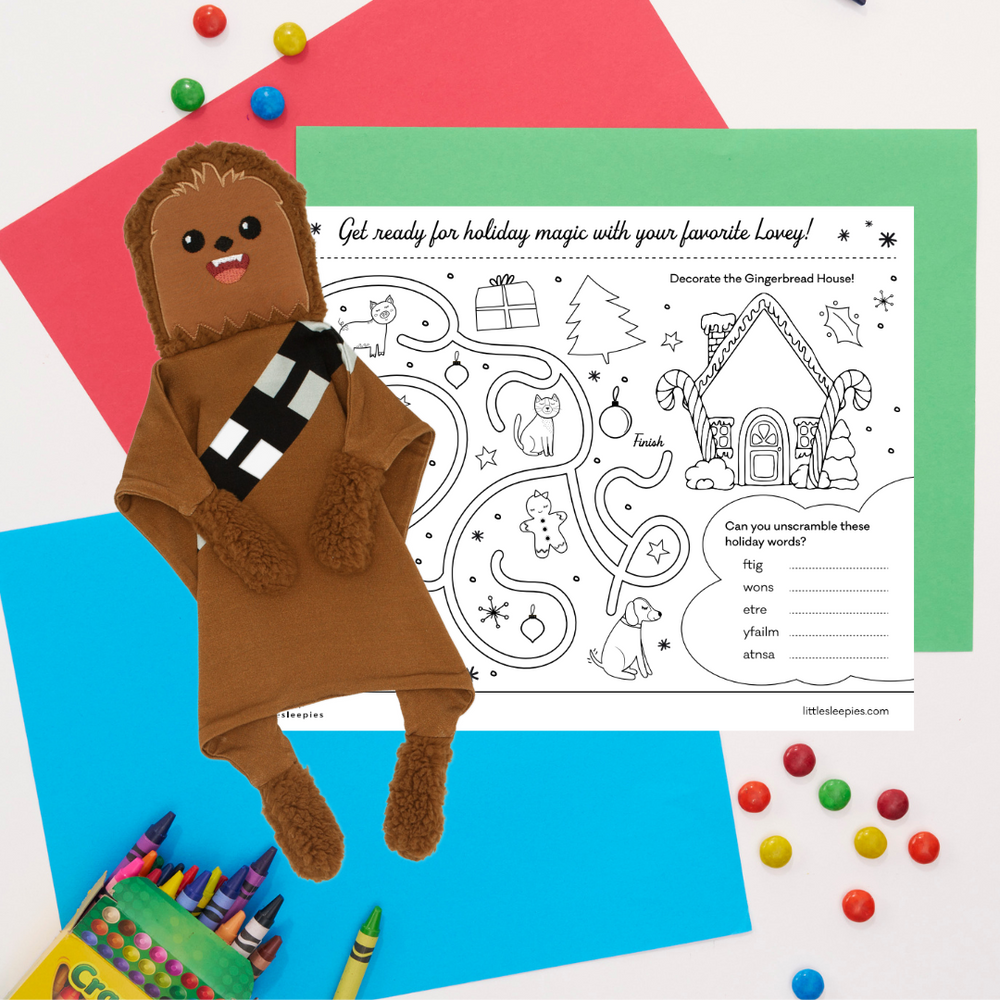 flat lay image of a Chewbacca lovey with a free printable pdf