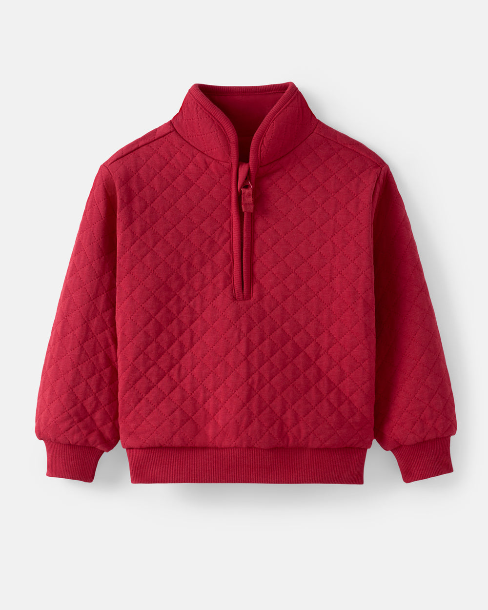 A red quilted long-sleeve quarter-zip pullover sweatshirt with a mock neck collar, shown flat against a light gray background.