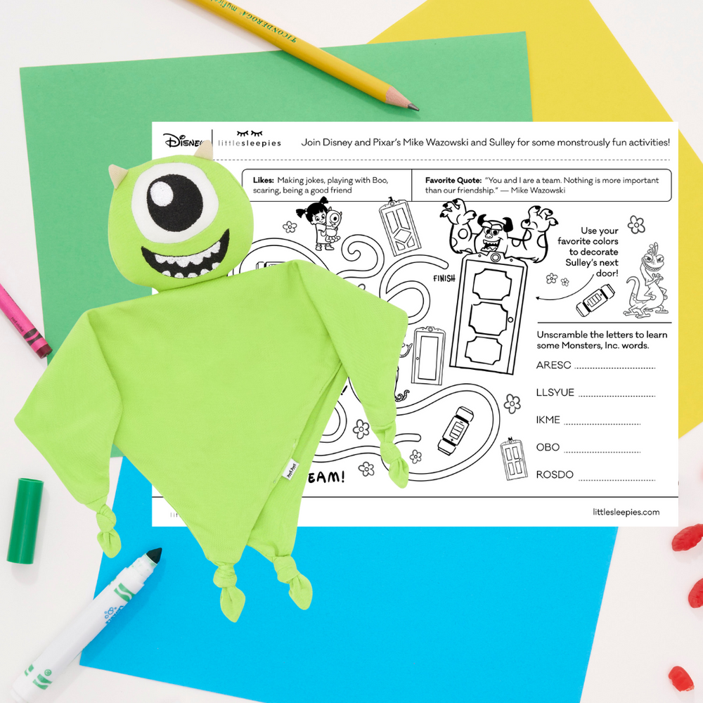 Flat lay image of a Mike Lovey and a Monsters Inc. coloring sheet