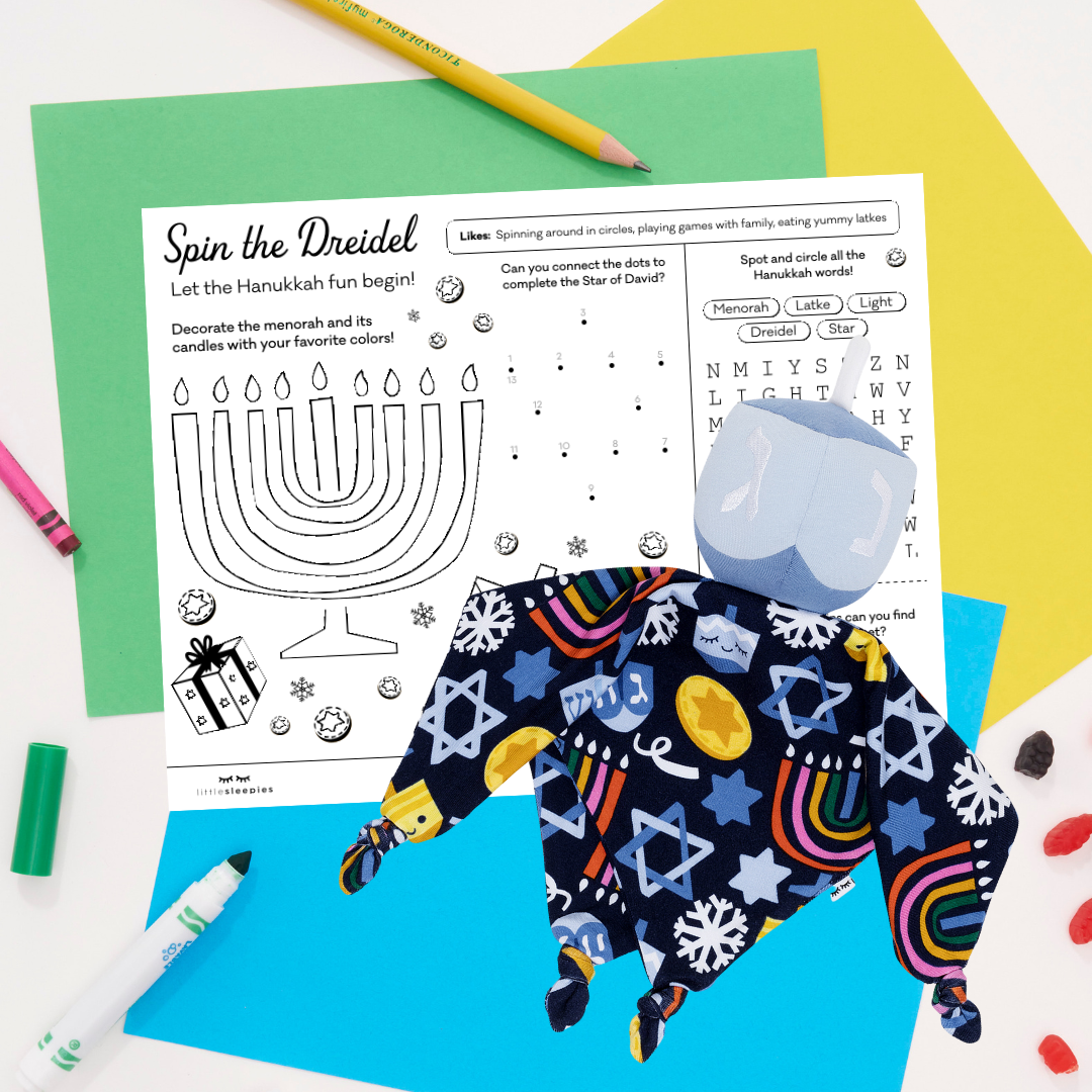 Spin the Dreidel sleepyhead lovey and activity sheet