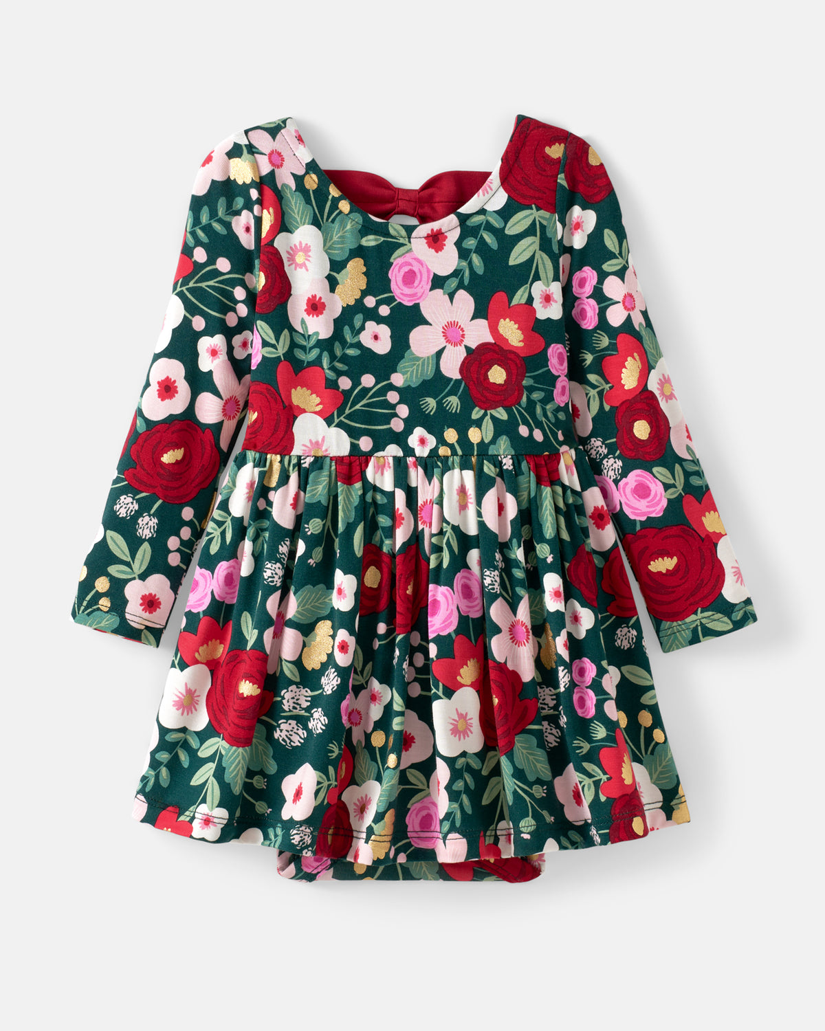 A long-sleeve children's dress with a dark green background and a vibrant floral print featuring red, pink, white, and yellow flowers, displayed against a light gray background.