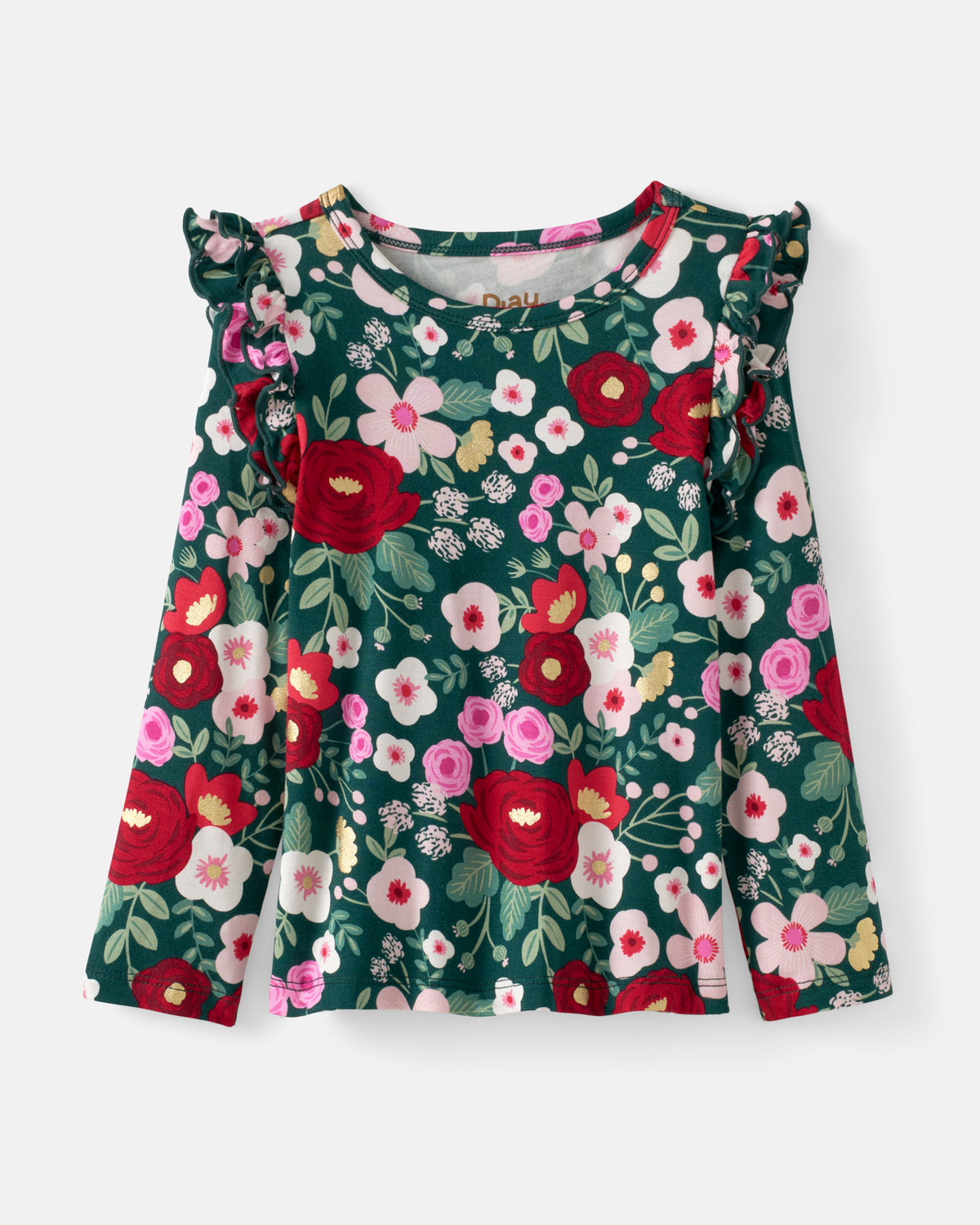 A long-sleeve floral top for kids, featuring a dark green base with red, pink, and white flowers, green leaves, and ruffled shoulder details, shown against a light gray background.