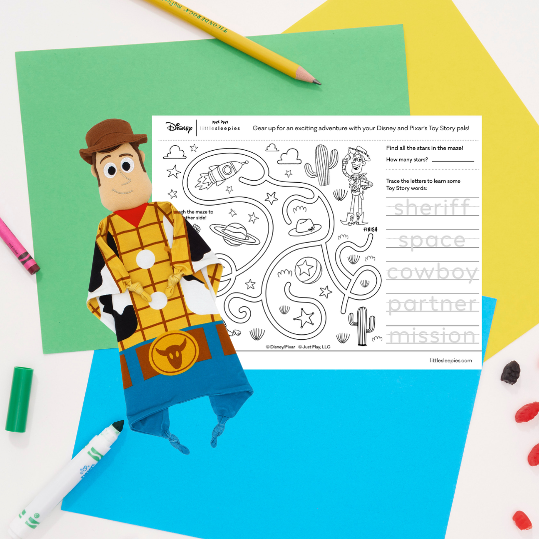 Flat lay image of Woody next to his printable PDF