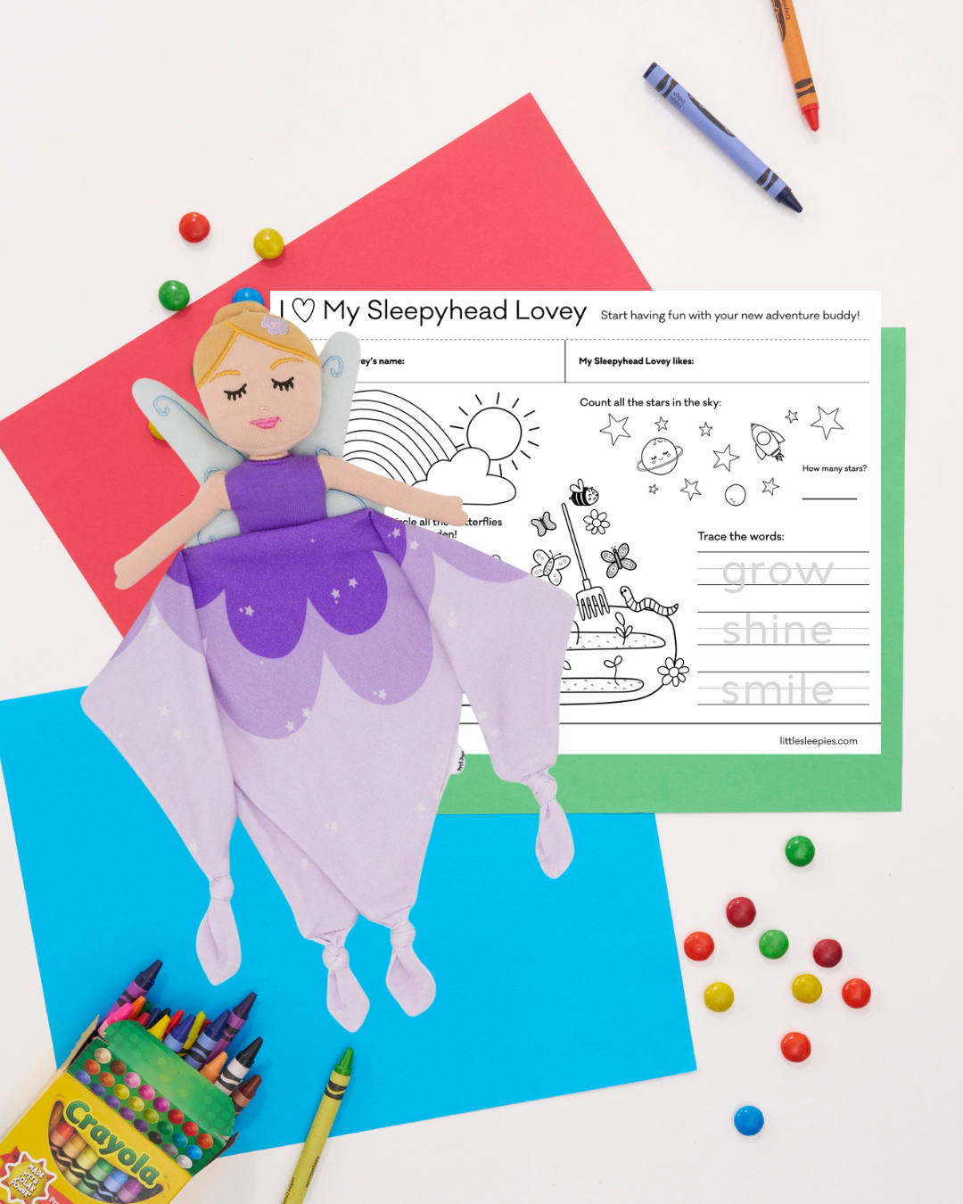 flat lay image of Fiona the Fairy and her free printable pdf