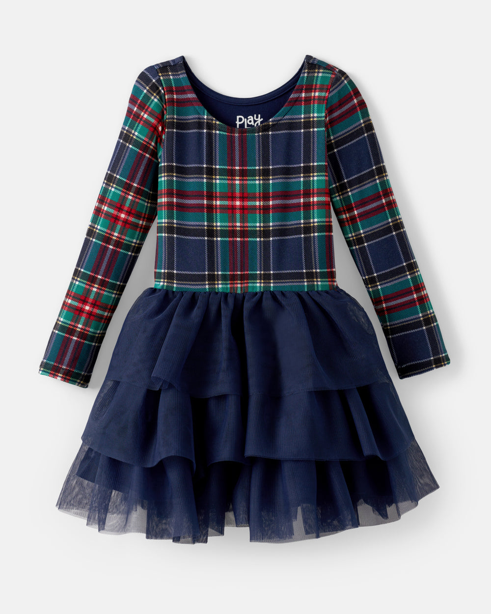 A toddler girl's long-sleeve dress with a navy blue and green tartan plaid bodice and sleeves, and a tiered navy blue tulle skirt, shown on a light gray background.