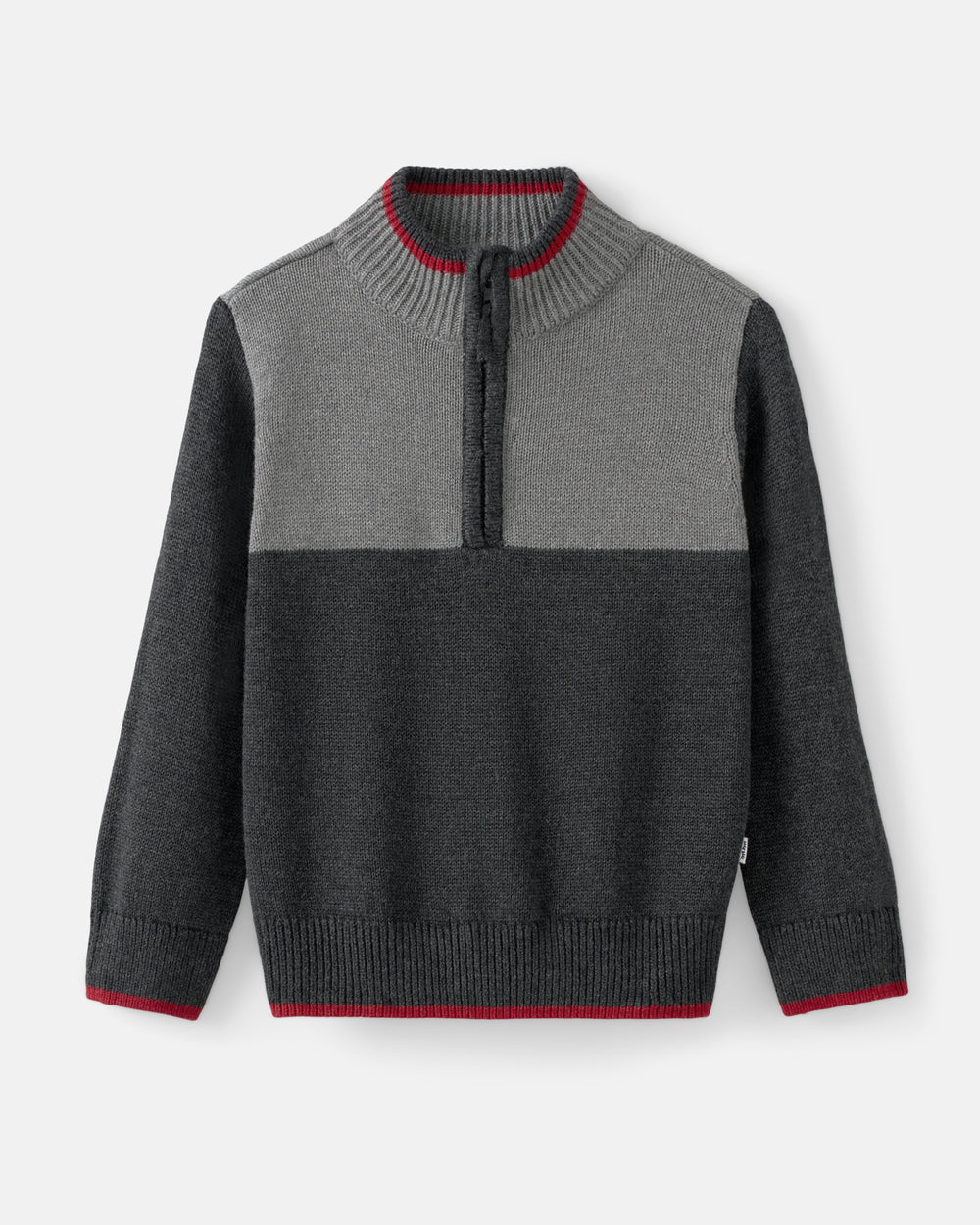 A colorblock knit sweater with a gray yoke, dark charcoal body, and red trim accents on the collar, zipper, cuffs, and hem, displayed on a light gray background.