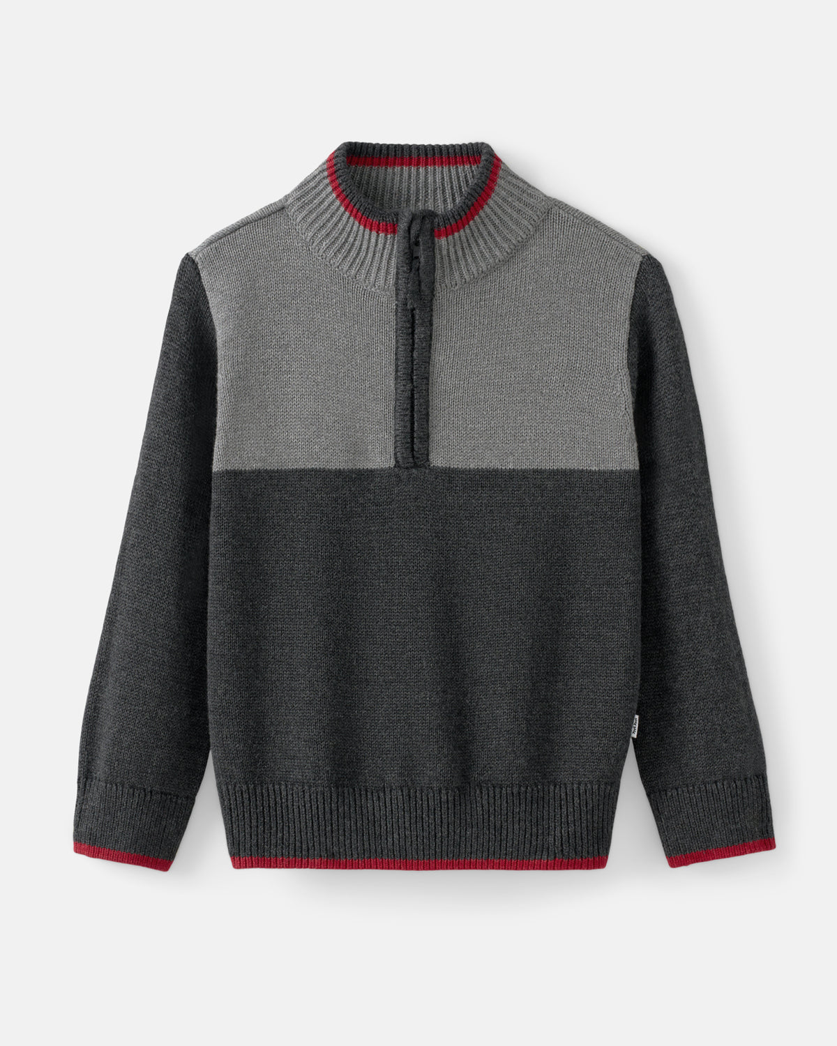 A colorblock knit sweater with a gray yoke, dark charcoal body, and red trim accents on the collar, zipper, cuffs, and hem, displayed on a light gray background.