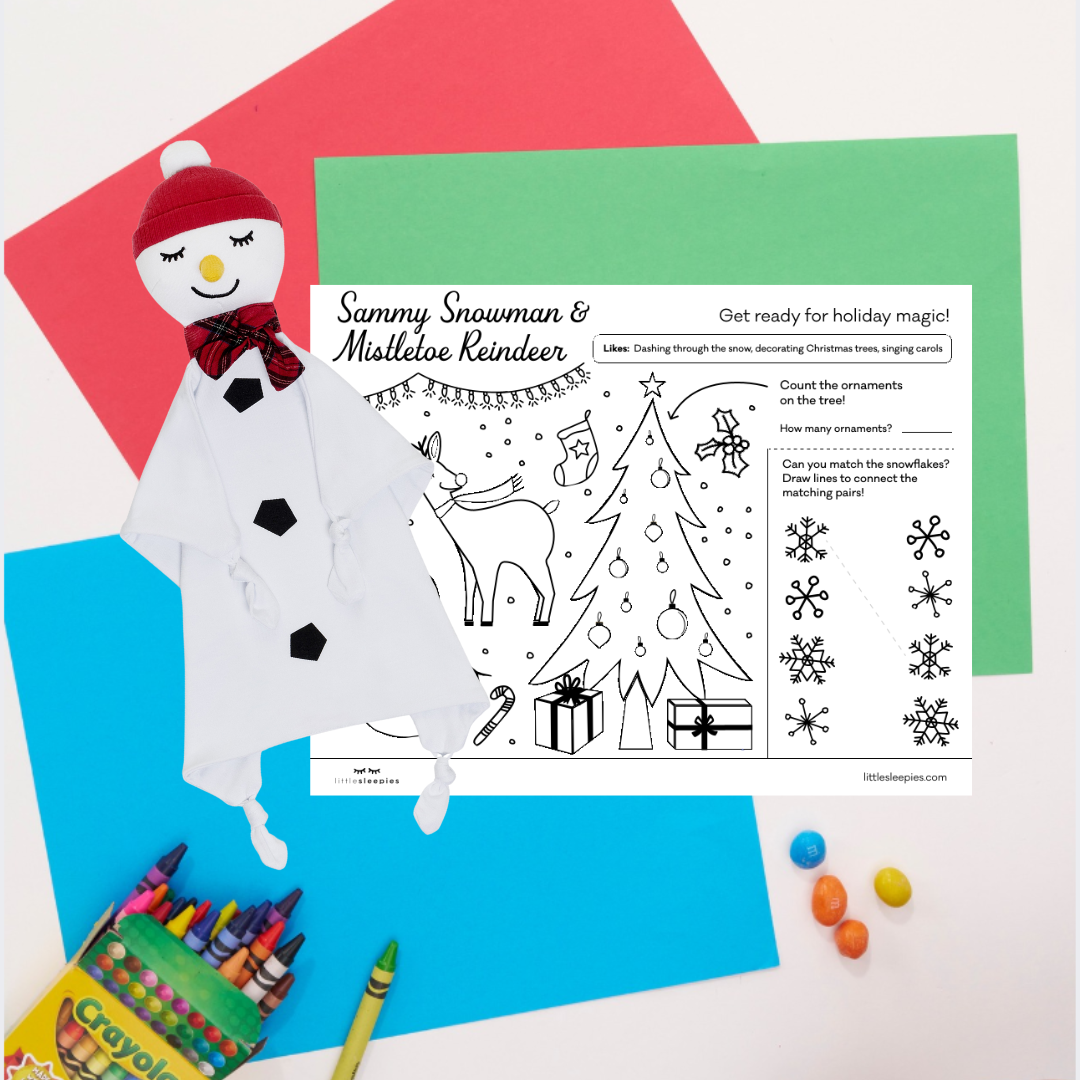 Flat lay image of Sammy the Snowman with his free printable pdf