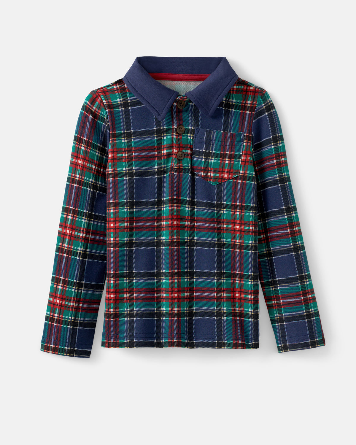 A long-sleeve plaid button-up shirt with a solid navy blue collar and pocket, featuring a red, green, and navy tartan pattern, shown on a light gray background.