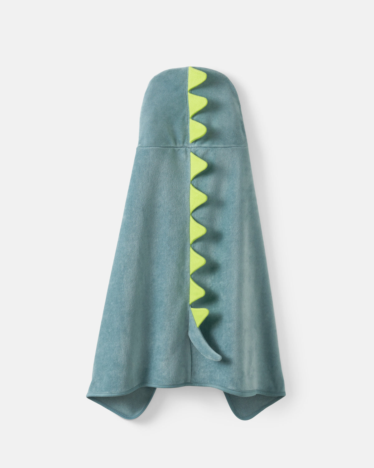 A plush hooded towel designed like a dinosaur, featuring a dusty teal body and a bright lime green serrated back along the hood, shown against a light gray background.