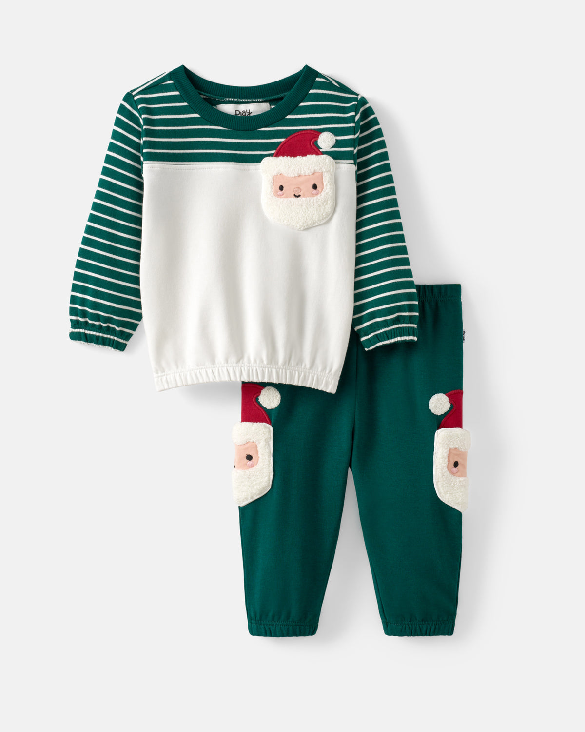 A two-piece toddler Christmas pajama set featuring a long-sleeve top with green and white stripes, a white body, and a Santa face patch on the chest, paired with matching green pants that have Santa face patches on the knees.