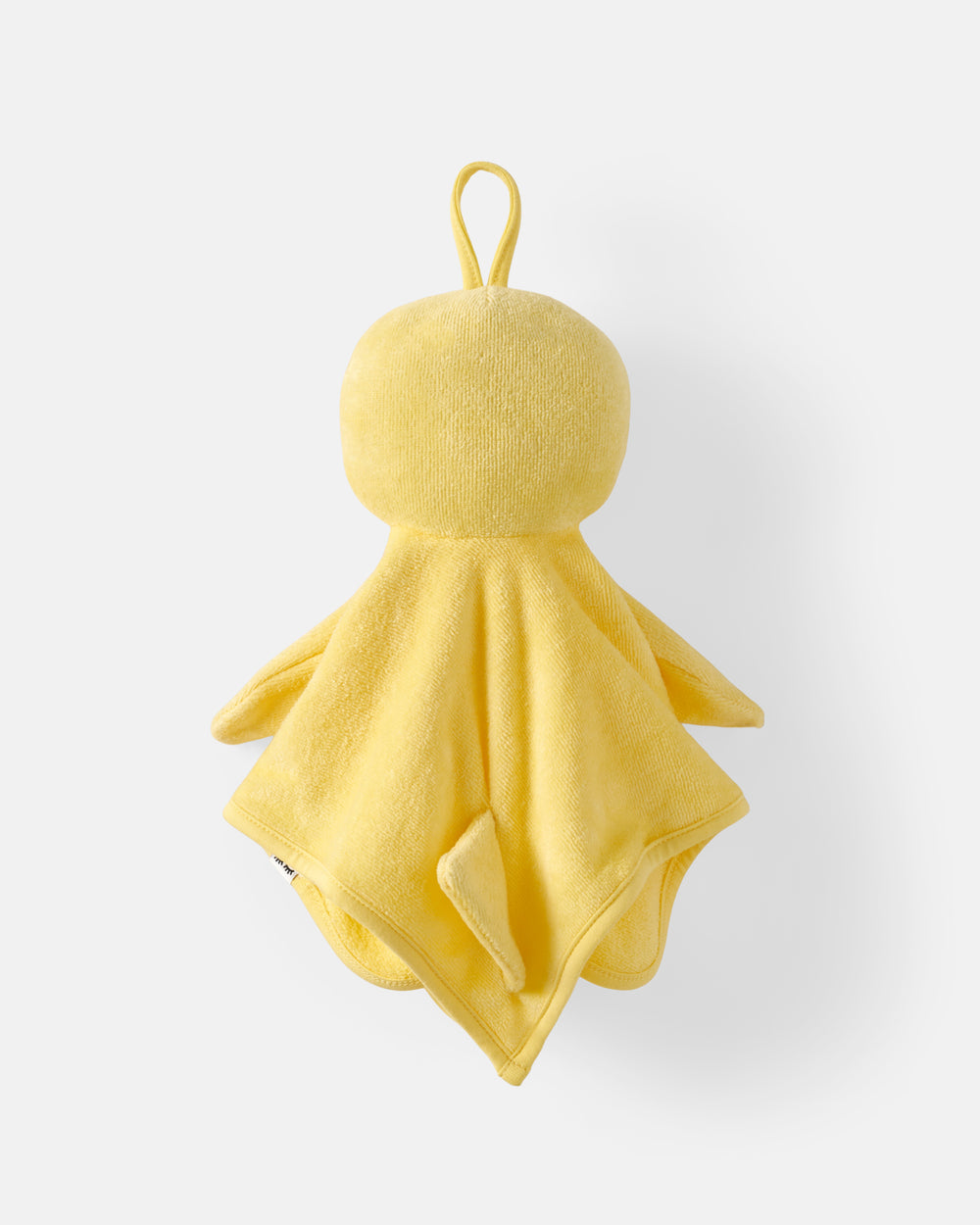 A yellow plush duck washcloth made of soft terry cloth, featuring a hanging loop at the top and a small integrated pocket on one arm, shown against a clean white background.