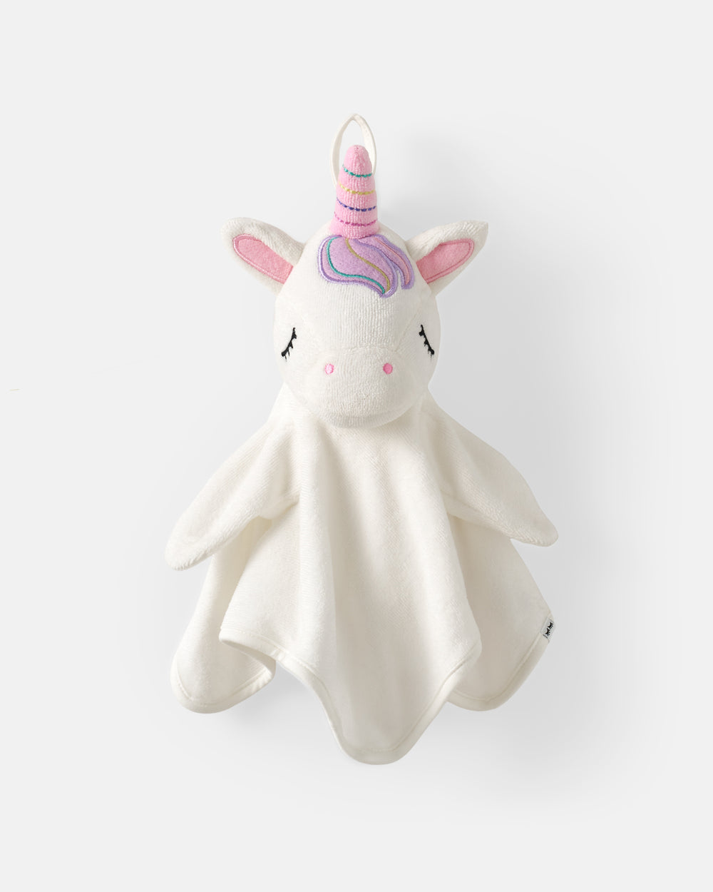 A white plush baby washcloth shaped like a unicorn, featuring pink inner ears, a pink and purple horn, and embroidered facial details, shown against a plain white background.