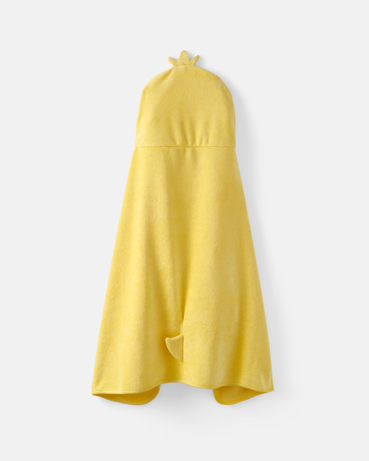 A bright yellow halter-style towel or wrap with a small crown detail at the top and a small tab near the bottom, shown against a light gray background.