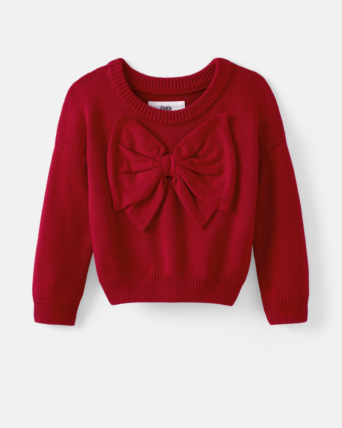 A red long-sleeve knit sweater with a large 3D bow detail on the chest, displayed flat against a light gray background.
