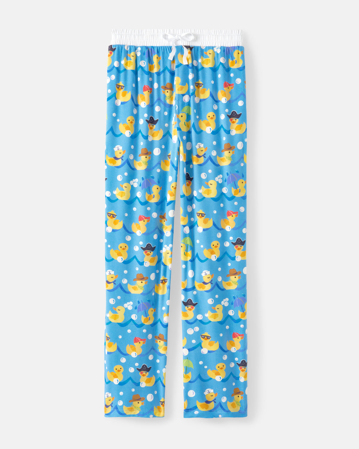 Blue children's pajama pants with an all-over repeating pattern of yellow rubber ducks in different hats, featuring an elastic waistband with a white drawstring.