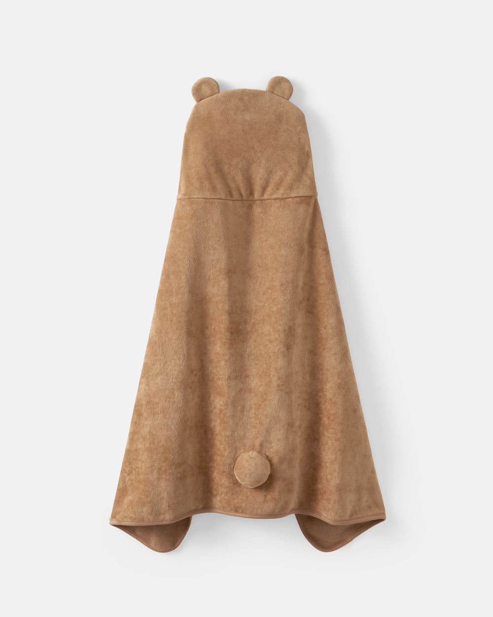 A plush brown hooded towel or blanket with bear ears on the hood and a small round tail detail near the bottom, shown against a light gray background.